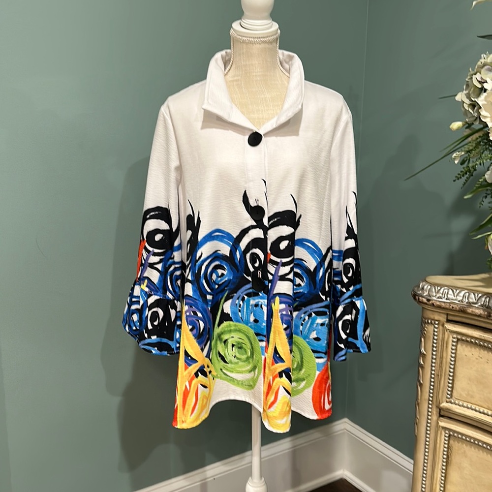 Ali Miles white and bright, multi colored swing jacket 1X